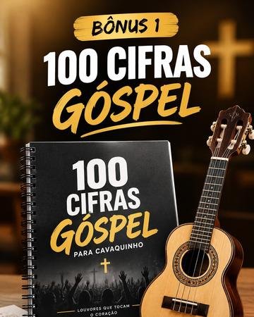 Capa ilustrada da apostila de 100 cifras gospel, com desenho de um cavaquinho