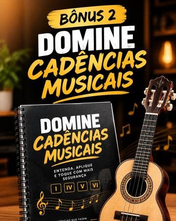 Capa ilustrada da apostila Domine Cadências Musicais, com desenho de um cavaquinho