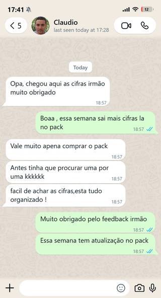 Print de conversa no WhatsApp — cliente Cláudio agradecendo pelo pacote de cifras