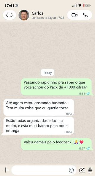 Print de conversa no WhatsApp — cliente Carlos elogiando o pacote de cifras